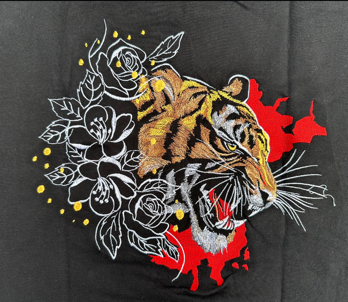Black Oversized T-Shirt with Embroidered Tiger & Floral Back Design