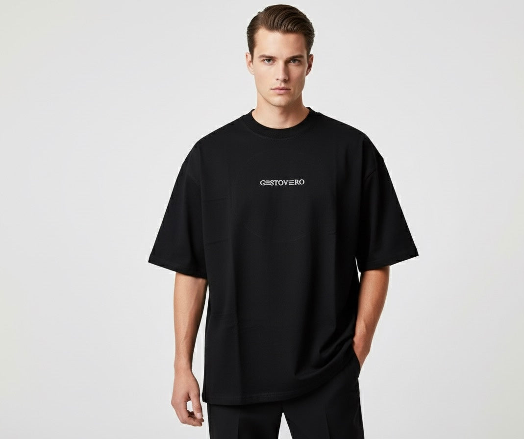 Black Oversized T-Shirt with Embroidered Tiger & Floral Back Design