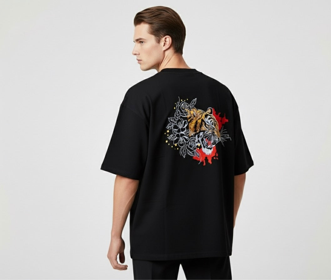 Black Oversized T-Shirt with Embroidered Tiger & Floral Back Design