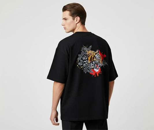 Black Oversized T-Shirt with Embroidered Tiger & Floral Back Design